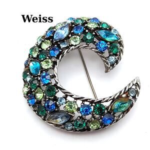 Vintage Weiss Blue Green Rhinestone Crescent Moon Brooch Silver Tone Signed